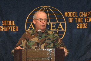 Guest speaker Lt. Gen. Stephen G. Wood, USAF, addresses the attendees at the chapter's scholarship awards luncheon in May.